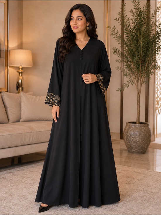 Unbranded Dresses & Skirts - Abaya Elegant Black Maxi Dress with Gold Lace Cuff